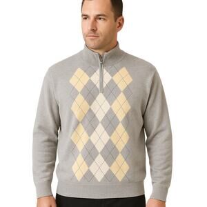 Tasso Elba Men’s Gray Argyle Quarter-Zip Sweater – Size L